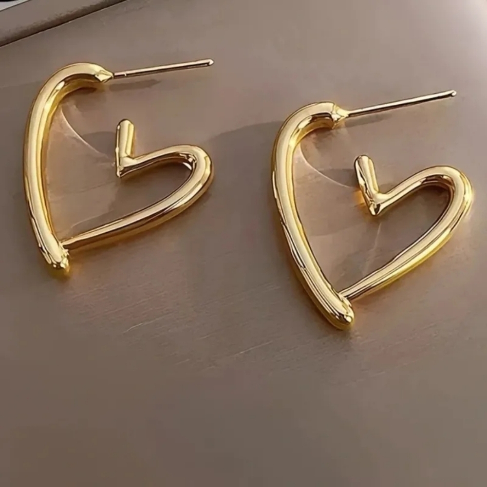 Gold Open Heart Hoop Earrings Modern Abstract Chunky Statement - Picture 1 of 9